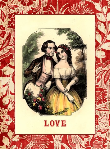 Etching of a Victorian Couple appearing to be in love and representing modern-day love myths.
