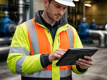 A municipal public works employee in high-visibility gear using a mobile CMMS tablet at a facility