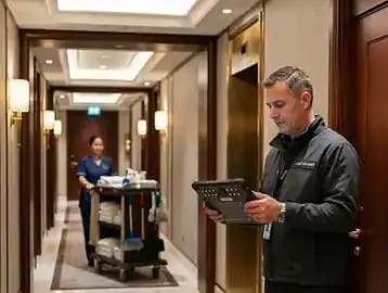 Professional hotel maintenance engineer reviewing equipment schematics on a digital tablet near a commercial chiller unit