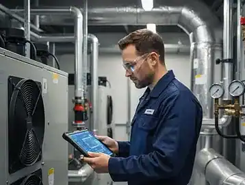 Professional property maintenance technician reviewing building schematics on a digital tablet in a utility room