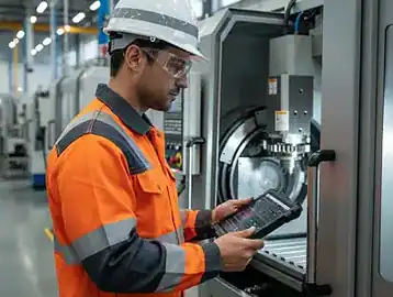 Professional manufacturing maintenance technician reviewing equipment schematics on a digital tablet near a factory assembly line