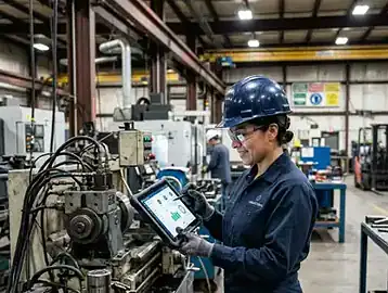 A digital tablet displaying a CMMS dashboard overlaying an industrial manufacturing facility