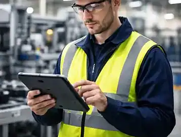 Manufacturing plant floor showing automated machinery and technicians conducting preventive maintenance