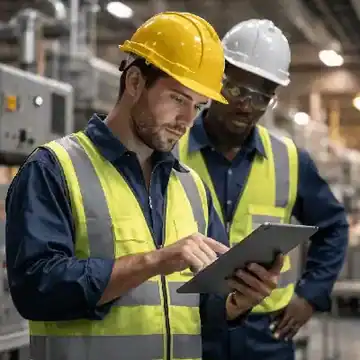 Two technicians in safety gear stand in an industrial setting, analyzing information together on a tablet.