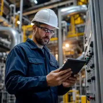 A maintenance manager reviews asset data and work order history on a tablet in an industrial facility