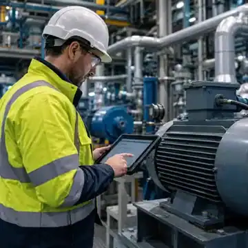 Technician inspecting industrial equipment with a tablet.