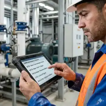 maintenance technician using CMMS software in industrial facility