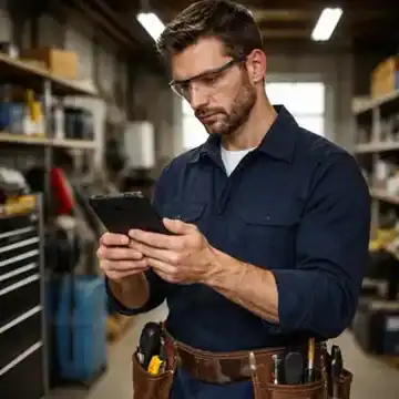 A photorealistic image of a male maintenance worker in a small warehouse setting, reviewing tasks on a rugged smartphone, with the screen obscured.