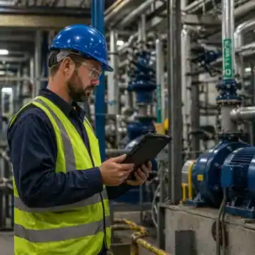A technician in safety gear checks equipment data on a tablet inside a machinery-filled industrial environment