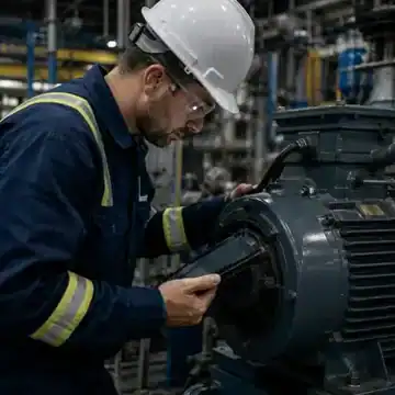 Technician inspecting an industrial motor with a tablet.