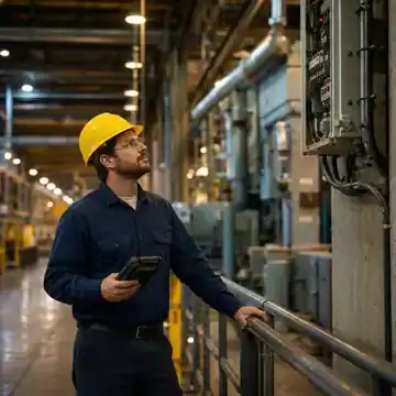 Maintenance manager reviewing real-time operational visibility dashboard on a tablet in an industrial facility.