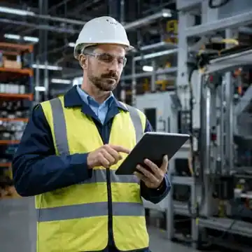 Factory technician using a tablet on the production floor.