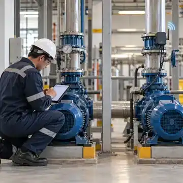 Maintenance technician inspecting an industrial pump as part of a maintenance strategy evaluation