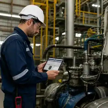 Technician inspecting industrial equipment with a tablet.