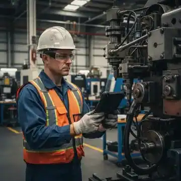 Professional manufacturing maintenance worker inspecting a piece of heavy industrial equipment with a digital tablet