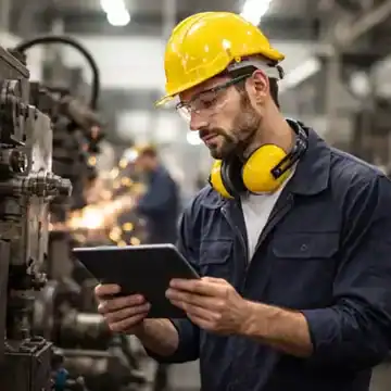 A professional analyzing complex data reporting on a tablet, with the device casing facing the camera to obscure the screen contents