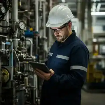 Maintenance manager reviewing standardized work order processes across multiple sites on a tablet in an industrial facility.