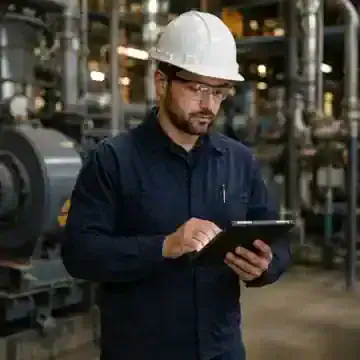 Maintenance technician using a tablet in an industrial facility.