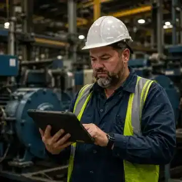 Maintenance supervisor using a tablet in a factory.