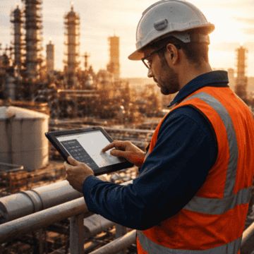 An oil and gas worker in a hard hat and high-visibility PPE reviewing maintenance data on a rugged offline-capable tablet at a refinery
