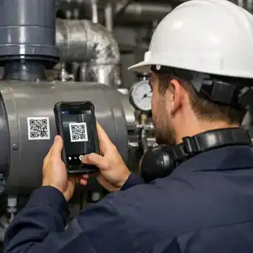 A maintenance technician scanning a QR code on an industrial machine using a rugged mobile tablet