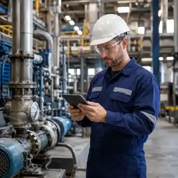 Maintenance technician reviewing backlog on a tablet in an industrial facility.