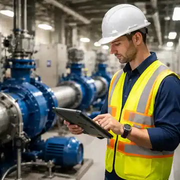 A utility worker in high-visibility safety gear using a rugged digital tablet at an electrical substation or water pump facility