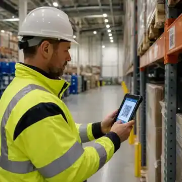Warehouse manager scanning industrial asset barcode using a mobile tablet.