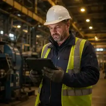 Industrial worker reviewing data on a tablet in a factory.