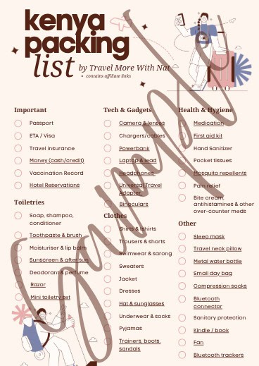 Cream coloured list with 'Kenya packing list' as the title and items with check boxes next to them. Also featured are two cartoon travellers with their luggage, and the word 'Sample' written diagonally across the page in a cursive font.