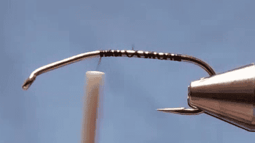 Black thread wrapped smoothly along the hook shank from the front bend to the rear and back again, creating a solid base.