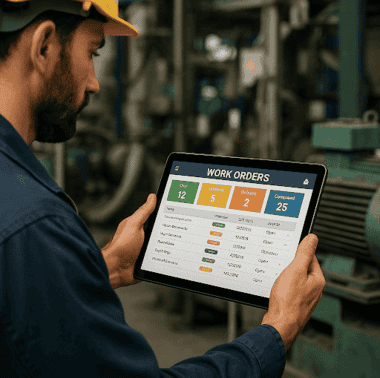 An engineer reviewing digitized work orders on a tablet