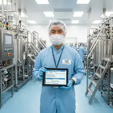 21 CFR Part 11 software audit trail on a tablet held by a technician in a pharmaceutical cleanroom