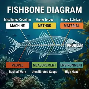 Fishbone diagram maintenance illustration (Ishikawa) showing the Machine, Method, Material, People, Measurement, and Environment cause categories branching toward a problem