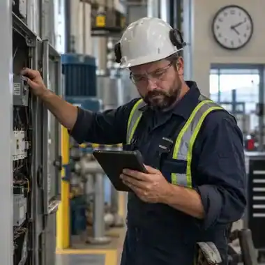Industrial maintenance technician in a hard hat reviewing equipment status on a tablet beside an electrical panel, representing reliability, availability, and maintainability tracking