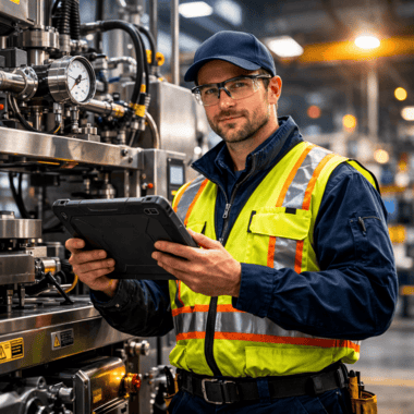 Wartungstechniker nutzt CMMS-Wartungsmanagementsoftware zur Verwaltung digitaler Arbeitsaufträge