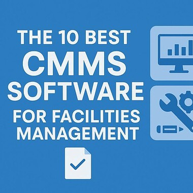 A blue digital cover image titled "The 10 Best CMMS Software for Facilities Management," featuring white bold text and four square icons on the right.