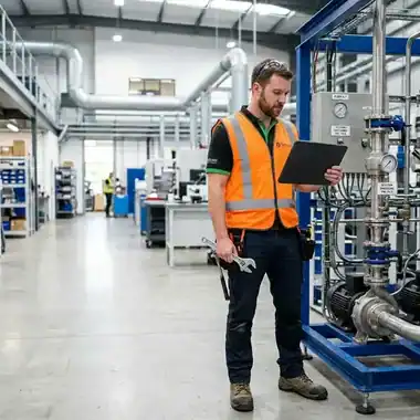 Maintenance technician checking a work order on a tablet while holding a wrench in an industrial facility