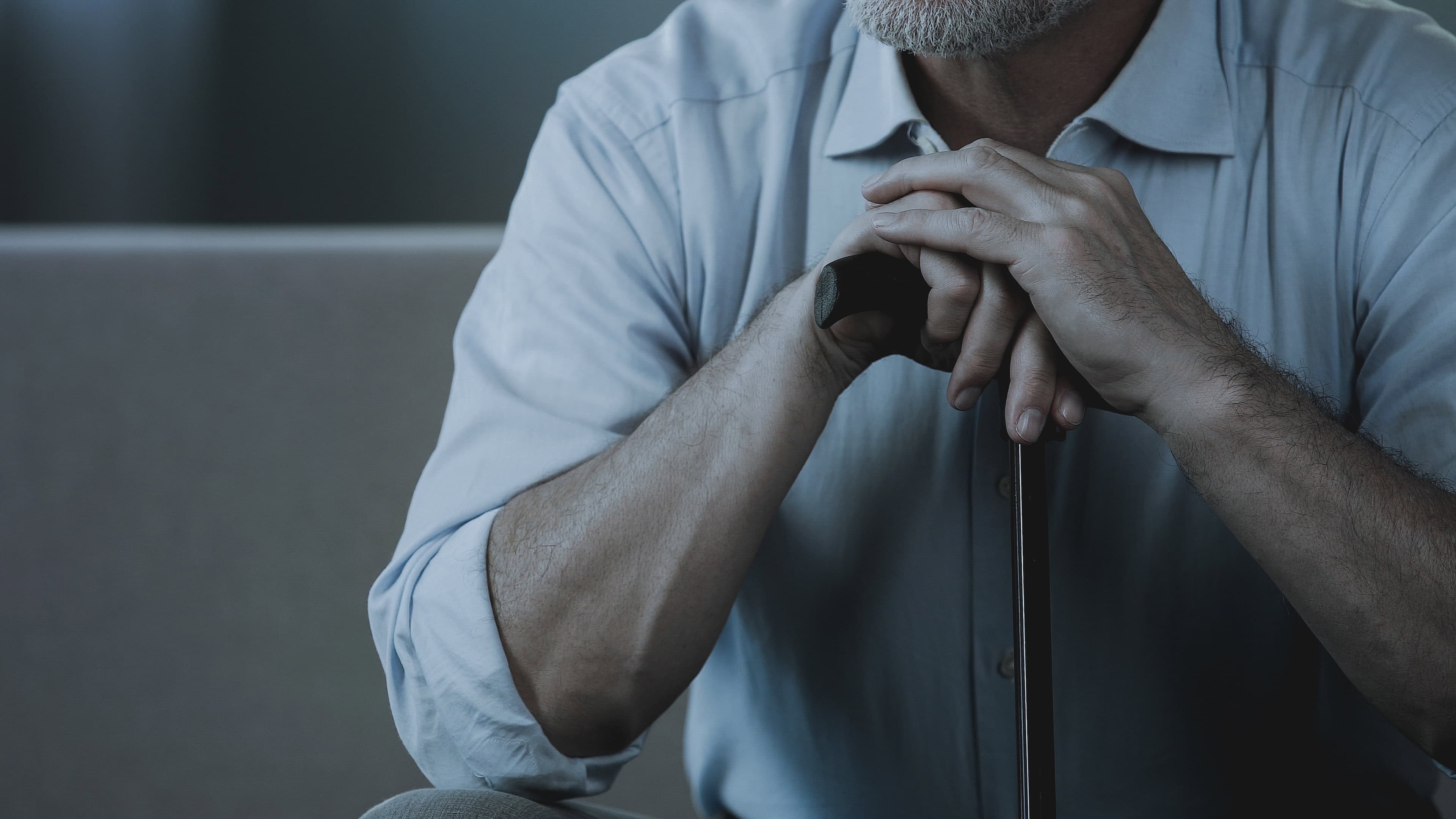 Close-up of adult male hands holding walking stick, senior man sitting on sofa