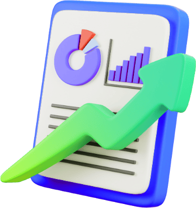 3D illustration of a report with a pie chart, bar graph, and upward trend arrow, symbolizing increased event management efficiency and revenue growth for Kx Conference, Residential, and Catering Software in higher education.