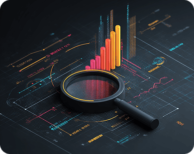 Uma lupa preta e dourada sobre um fundo escuro com gráficos de barras coloridos e linhas de dados, simbolizando análise de informações e crescimento.