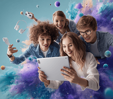 Quatro jovens felizes interagem com um tablet e outros dispositivos tecnológicos em meio a uma explosão colorida de fumaça e esferas flutuantes.