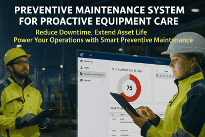 Two industrial workers use a digital tablet in a warehouse setting, viewing a preventive maintenance system dashboard showing asset performance and completed work orders, with overlay text promoting proactive equipment care.