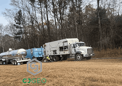 CJGeo batch plant, water truck, frac tank and two cement tankers onsite at a construction site in a field