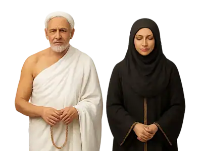 Happy Muslim family in ihram clothing after completing their blessed Umrah pilgrimage journey with Aqdas Travel