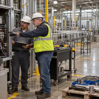 Maintenance technician inspecting factory equipment