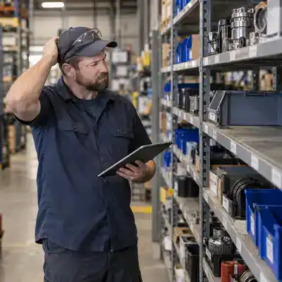 Maintenance technician checking an empty shelf slot in an industrial spare parts stockroom