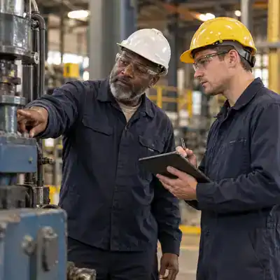 Veteran maintenance technician training a younger colleague on the shop floor