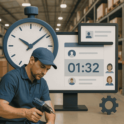 Maintenance man doing work while clock is tracking time spent doing the work.