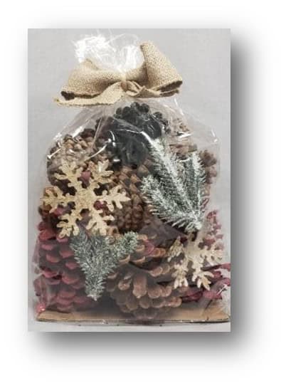 A festive gift bag with pinecones, snowflake ornaments, and faux frosted greenery.